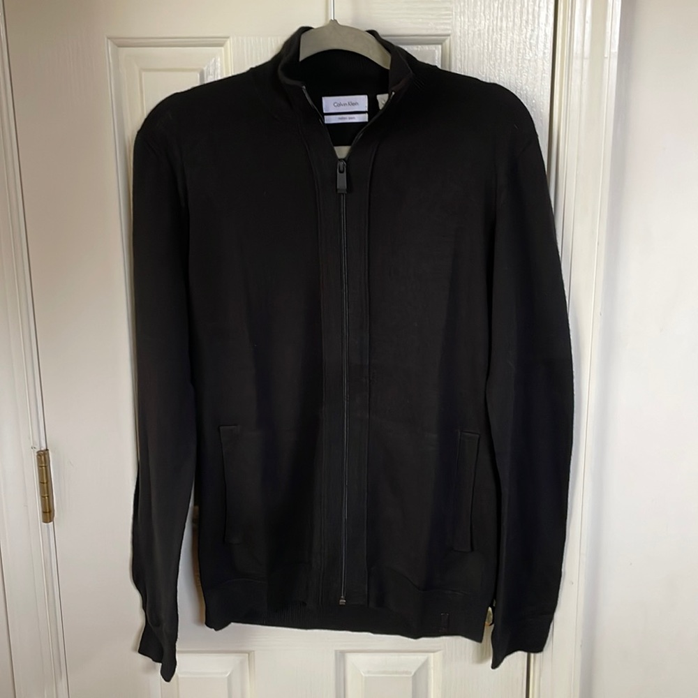 Calvin Klein mens zip up sweater. Black, size small. Merino wool blend.